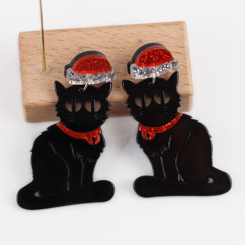 the BLACK CAT COLLECTION - Christmas Hat Black Cat Acrylic Earrings Pendant Cute Xmas Colored Lights Cats Drop Earring New Year Jewelry Gifts