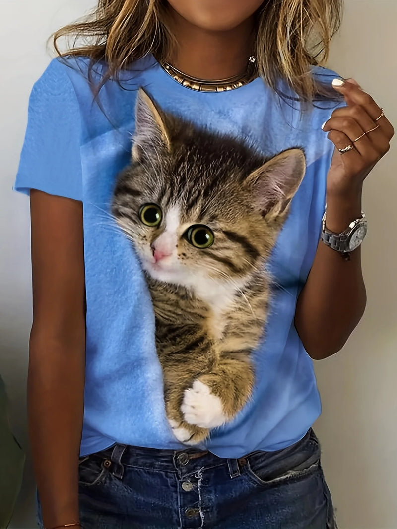 the CUTE TABBY - Cute Cat Print O-Neck Tops Casual Short Sleeve T-Shirt