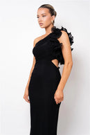 the CASCADE - Shoulder Floral Mesh Ruched Sexy Maxi Dress for Women, Gown Oblique Shoulder Sleeveless Backless Bodycon Long Dress