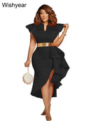 the SUNDAY BEST - Sexy Flare Short Sleeve High Side Split Ruffles Bodycon Midi Dress, Elegant Women Autumn Evening Wedding Party/Birthday Dress