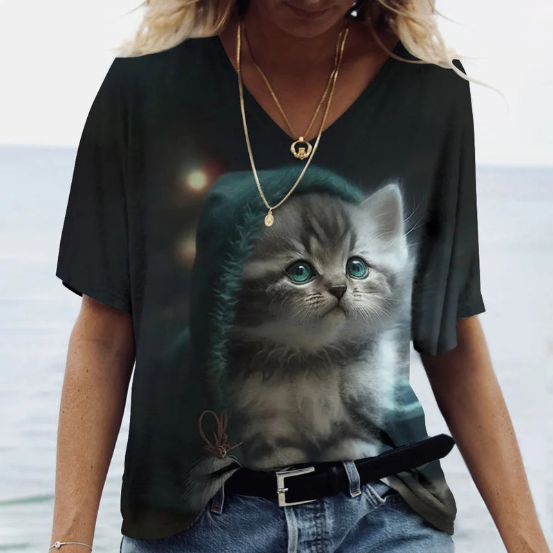 the HUNGRY CAT - Cat Print 3D Cat Print Short Sleeve V-Neck Casual T-Shirts for Women