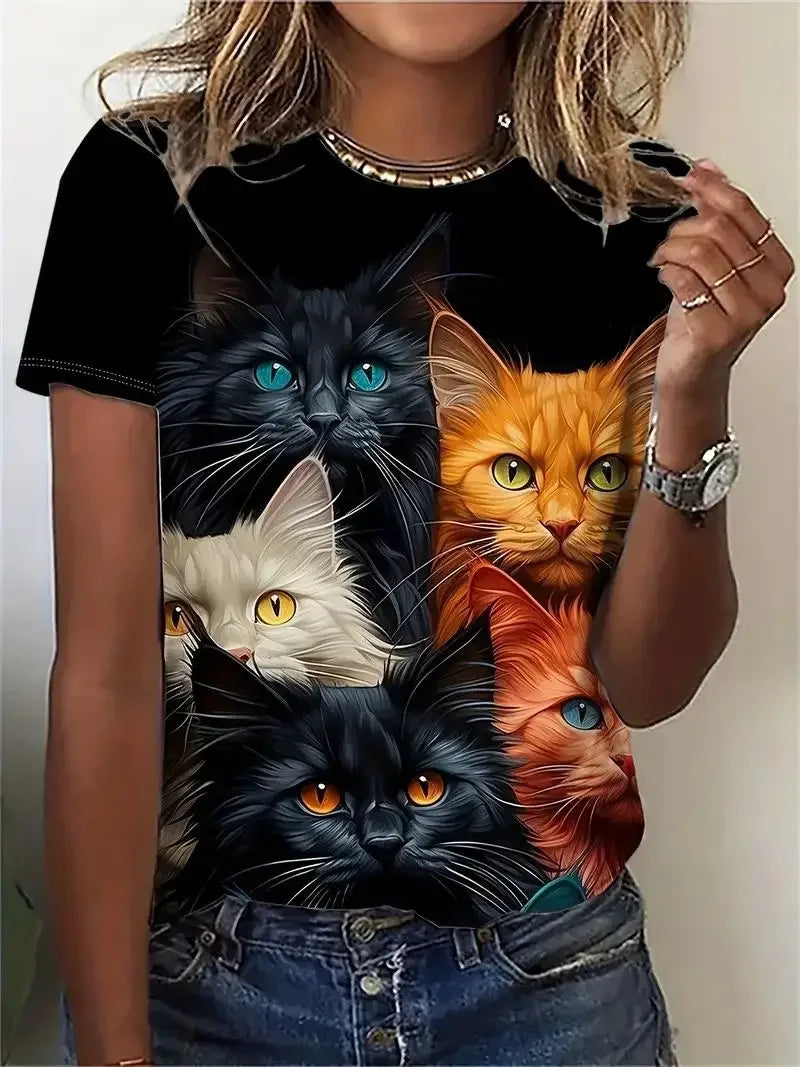 the COLORFUL CAT - 3D Cat Printed Short Sleeved Oversized Pullover T-Shirts for Women