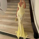 the LEMONELLO - Yellow Sequins Maxi Beach Dress, Women Sexy Backless Slim Party Fishtail Dress, Summer Mesh Patchwork Sheer Holiday Dress