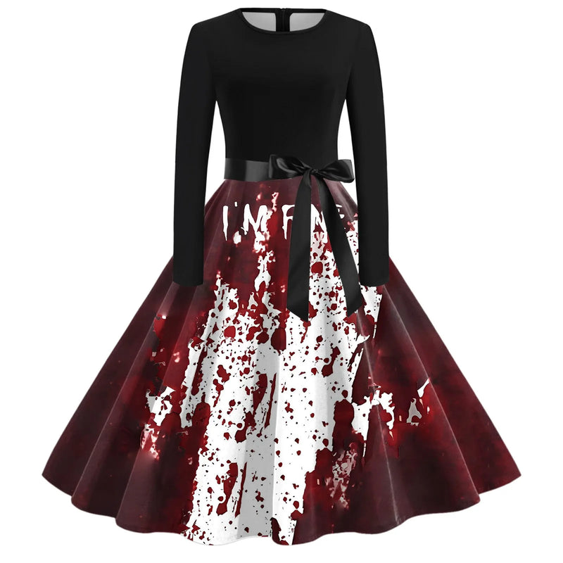 the MASQUERADE MASSACRE COLLECTION - Ladies' Halloween Bloody Print Casual Party Sexy Long Sleeves Short Dress Lace Formal Dress plus Size Women Cosplay Dress