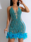 the ROXANNE - Sexy Elegant Slip Sequin See-Through Mesh Midi Evening Dress
