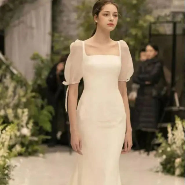 the MEGAN - Wedding Bride Satin Retro Light Dress Square Neck Fishtail Thin Simple Gowns