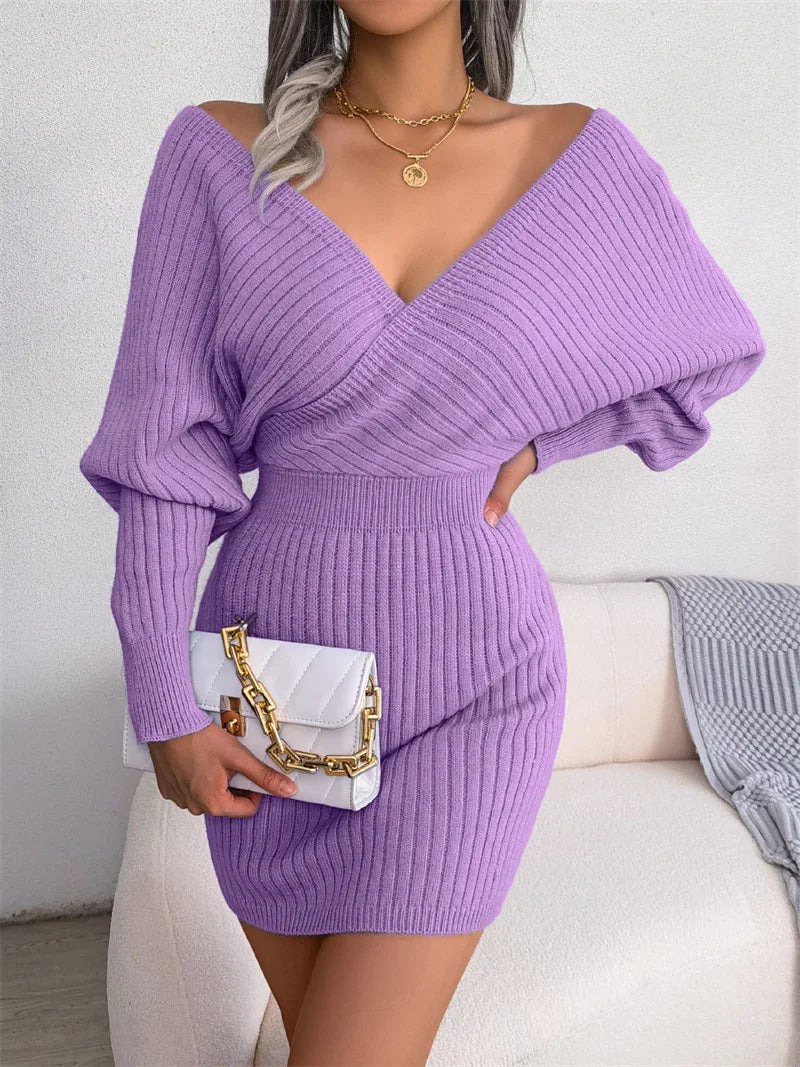 the GABRIELLA - Sexy Deep V Neck Sweater Dress Fashion Casual Batwing Sleeves Pencil Skirt Wrap Hip Dresses