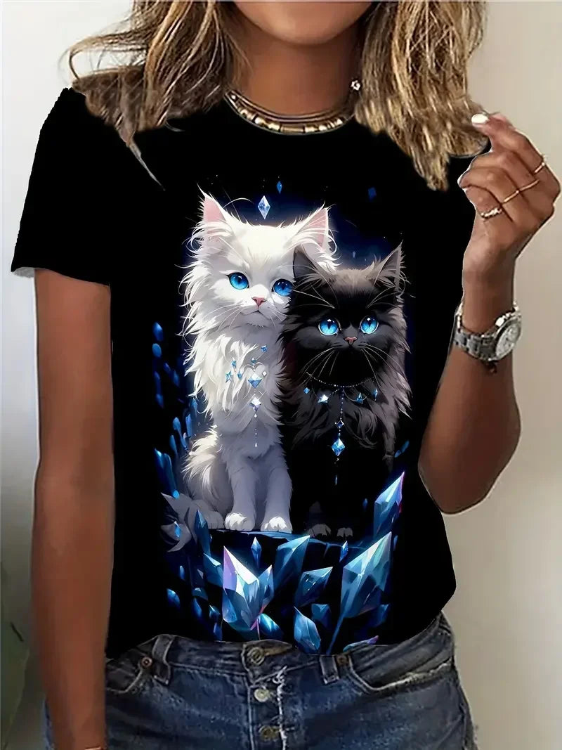 the COLORFUL CAT - 3D Cat Printed Short Sleeved Oversized Pullover T-Shirts for Women