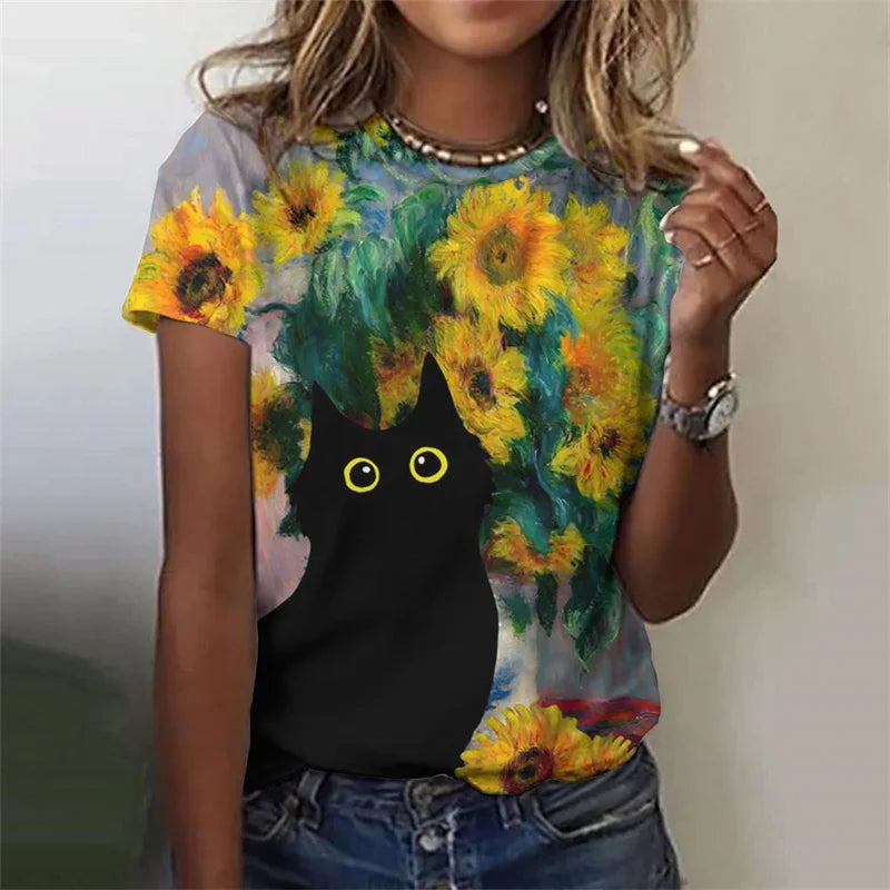 the PAINTED CAT - Flower Cat 3D Print Casual Fashion Short Sleeve O-Neck T-Shirts for Women