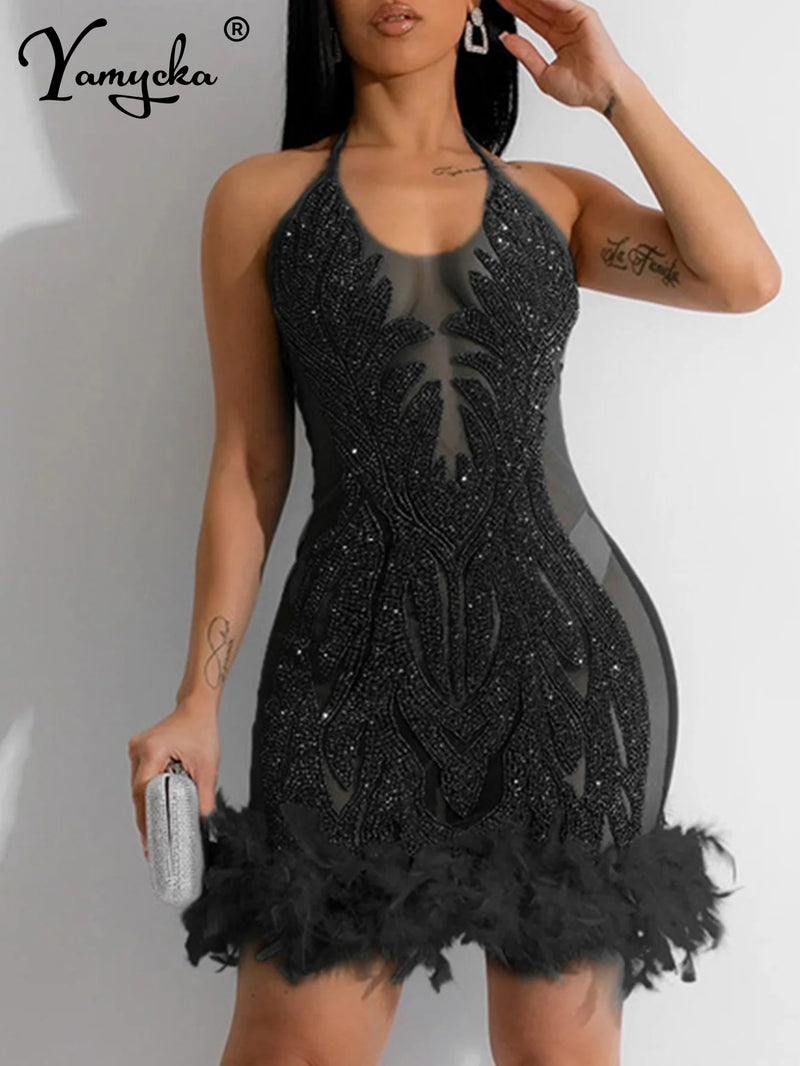 the ROXANNE - Sexy Elegant Slip Sequin See-Through Mesh Midi Evening Dress