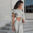 the SATIN SAND - Women Ruched Diagonal Collar Shorts Sleeve Waistless Slits Street Trend Elegant Long Bodycon Dress