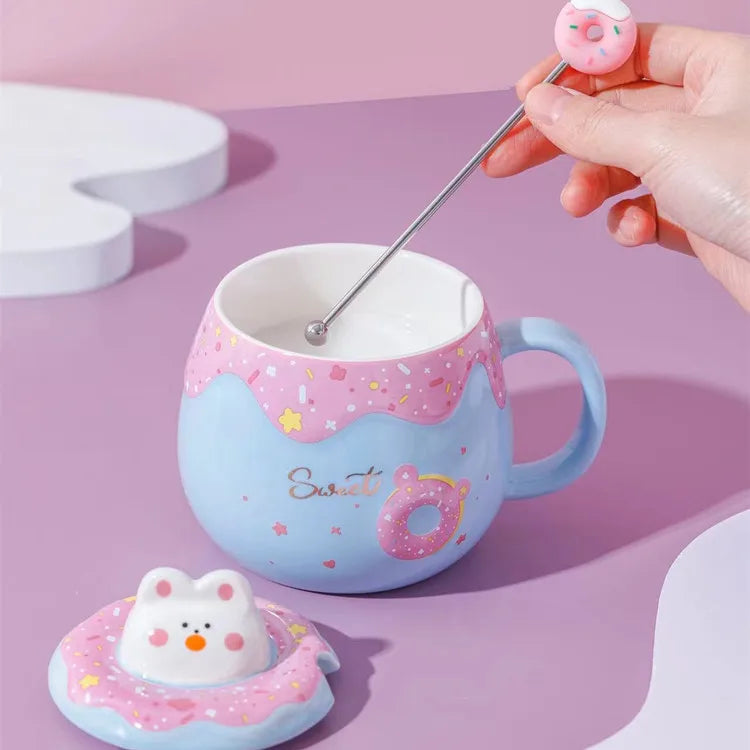 Cute Donut Ceramic Coffee Mug with 3D Animal Cat Lid and Stirrer, Kids Water Cup, Creative, Large Capacity, Gift for Girl, 400ml