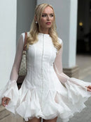 the EVENING ORCHID - Fashion Ruffles Edge Single Breasted Women's Dress, Fashion Long Lantern Sleeve High Waist Mini Dresses
