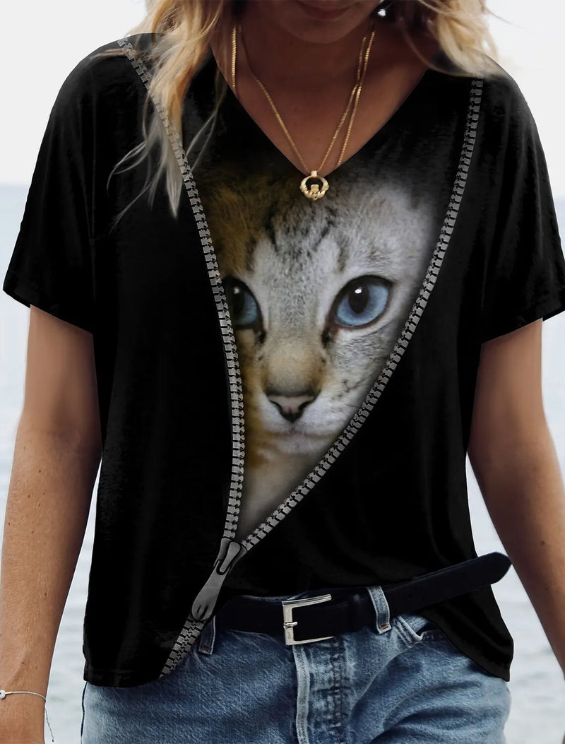 the BLACK CAT EYES - Cat 3D Print Short Sleeve V-Neck Oversized T-Shirt Tops for Women