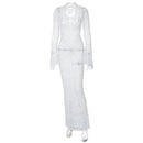 the LACE LUNCH DATE - Lace Transparent Sexy Hollow Out Maxi Dress, Elegant Outfits Women Flare Sleeve V-Neck Party/Club Dresses