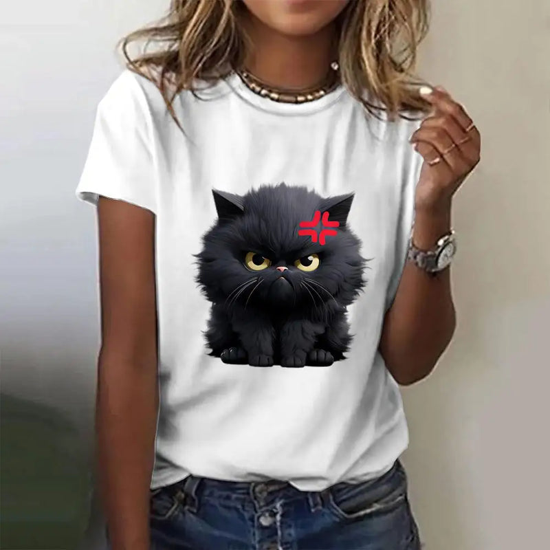 the GRUMPY CAT - Cat 3D Print Casual Short Sleeve Crew Neck Pullover Oversized Fashion Streetwear T-Shirts for Women