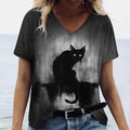 the SHADOW BLACK CAT - Cute Cat Pattern Print V-Neck Short Sleeve Fashion T-Shirts for Women