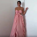 the PINK PRINCESS - Flounce Flower Pink Ladies Dinner Maxi Dress, Elegant Strapless Backless Pleat Sleeveless Sexy Spring New Chic Splicing Gown