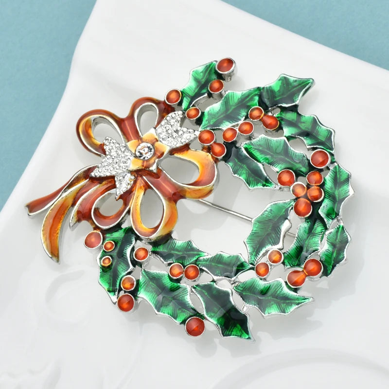 the WREATH - Christmas Wreath Brooches Enamel Rhinestone Beauty New Year Garland Flower Party Brooch Pin Gifts