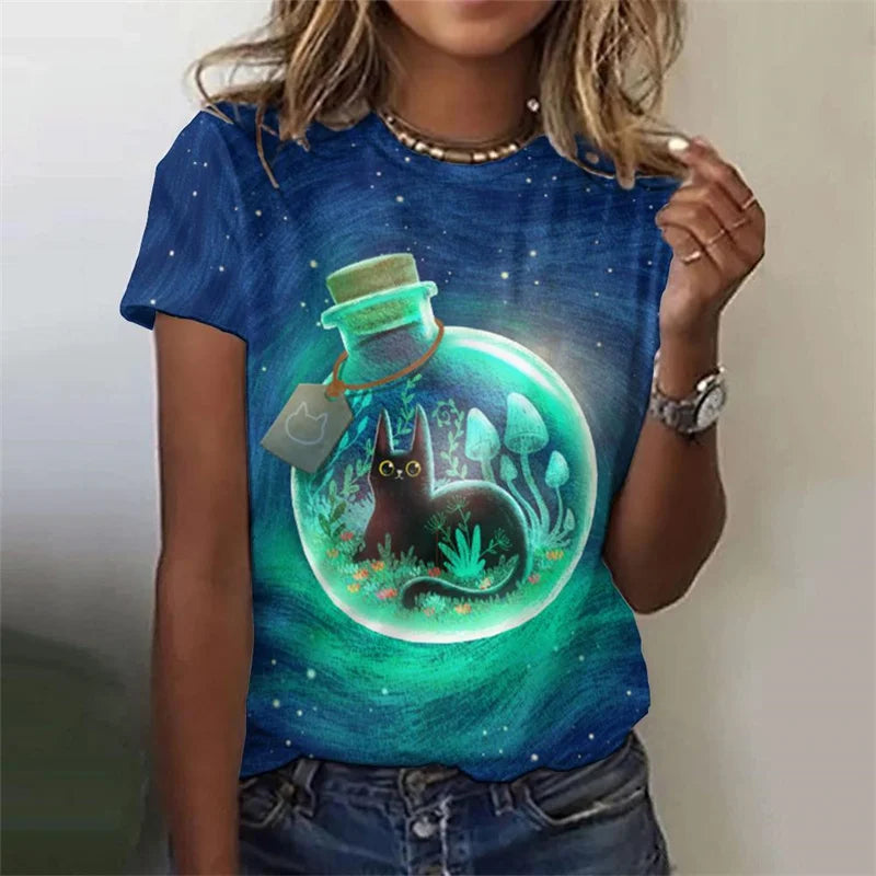 Cartoon Night Cat Pattern T-Shirt For Women Flash Stars Moon 3D Printed Tees Summer Loose T Shirts O-Neck Tops Short Sleeves