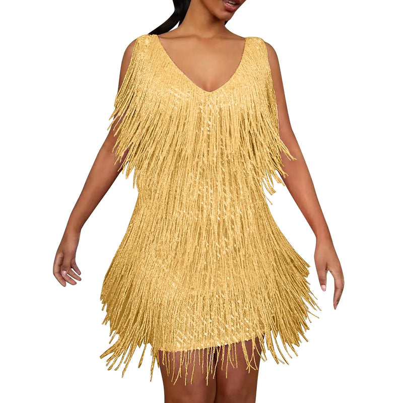 the TINA - Sexy Tassel Sequins Feather Mini Dress Spaghetti Strap Dresses Elegant Evening Party Club Dress