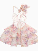 the BALLERINA - Flower Print Fluffy, Women's Lace Up Slimming Strap Party Gown Pleated Skirt Hemline Halter Beach Suspender Dresses