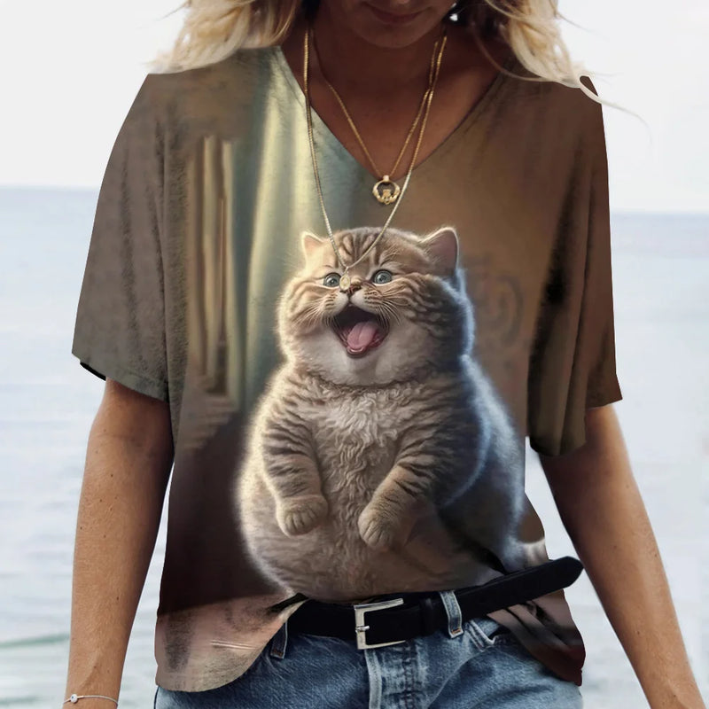 the HUNGRY CAT - Cat Print 3D Cat Print Short Sleeve V-Neck Casual T-Shirts for Women