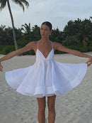 the SIXTEEN CANDLES - Sexy Flare Sleeve V-Neck Printed Mini Dress, Fashion Pleated A-line High Waist Gown New Lady Summer Evening Party/Club Dress