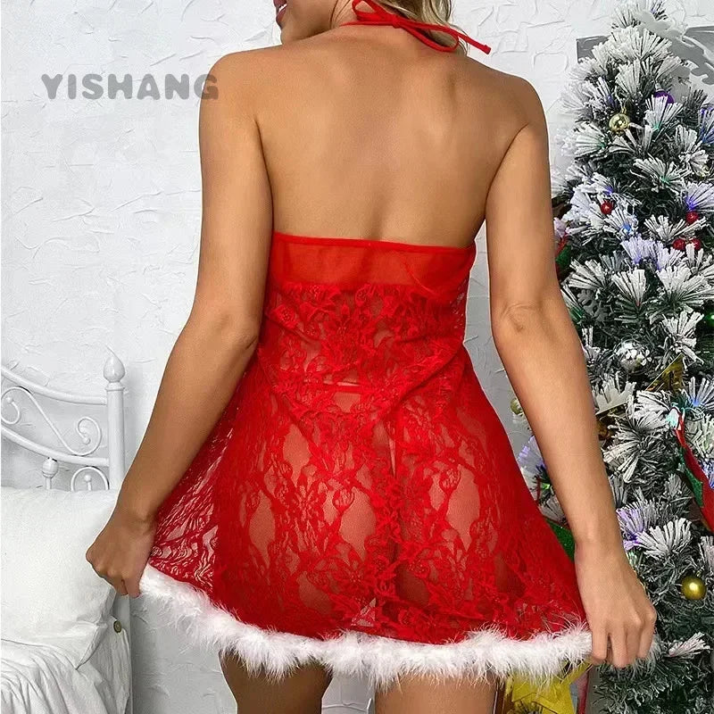 the NAUGHTY ST. NICK - Christmas See-Through Sexy Lingerie Short Dress Erotic Sleepwear Christmas Gift