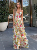 the FLOWER GIRL - Colorful Floral Printing Beach Long Dresses, Summer Chic Spaghetti Straps Backless Princess Fairy Maxi Dress
