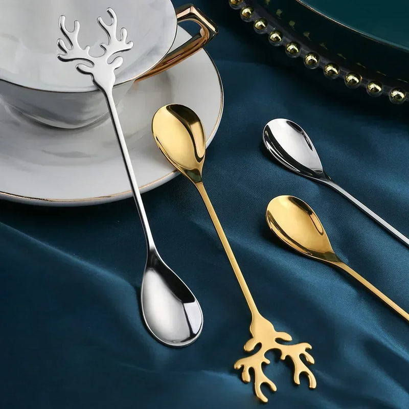 the SPOONFUL - 4pcs Christmas Elk Head Shape Stainless Coffee Spoon New Year Christmas Decoration Table Decor for Home Navidad Gifts