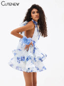 the DIXIE PIXIE - Halter Lace Up Sweet Women Mini Dress, Sexy Backless Ruffle Stacked A-Line Bodycon Female Fashion Princess Party Dress