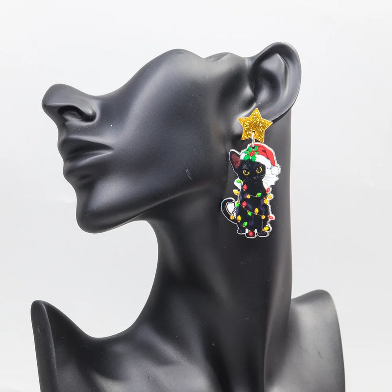 the BLACK CAT COLLECTION - Christmas Hat Black Cat Acrylic Earrings Pendant Cute Xmas Colored Lights Cats Drop Earring New Year Jewelry Gifts