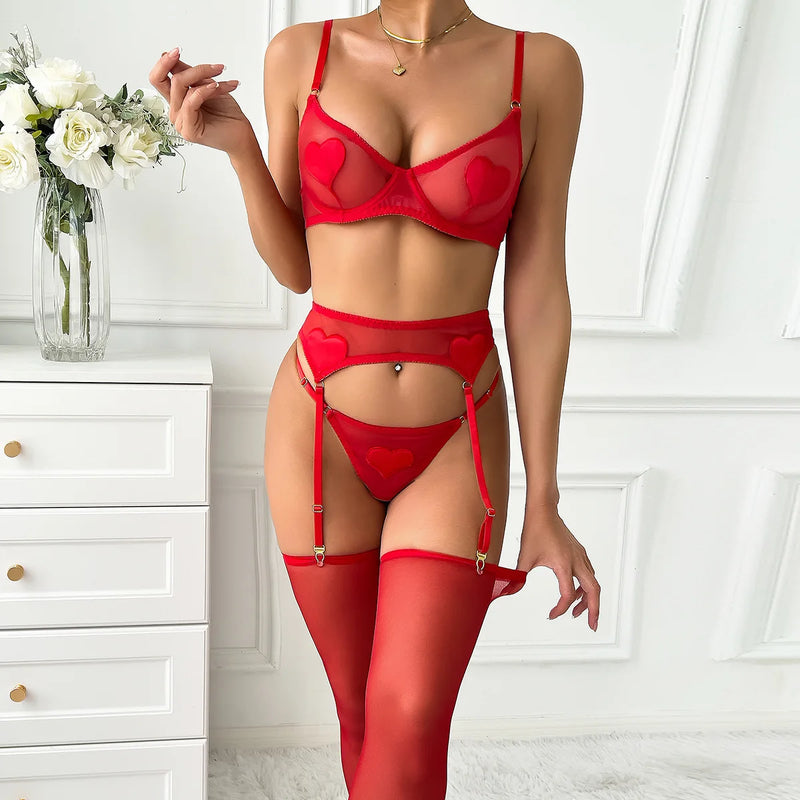 the LOVER - Love Heart Valentine Lingerie with Stocking Tulle Underwear Ensemble Sexy Hot Lingeries Garter Suit Fancy Outfit