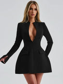 the MORGAN - Elegant Deep V-Neck A-Line Blazer Dress Long Sleeve High Waist Tunic Short Evening Party Dress