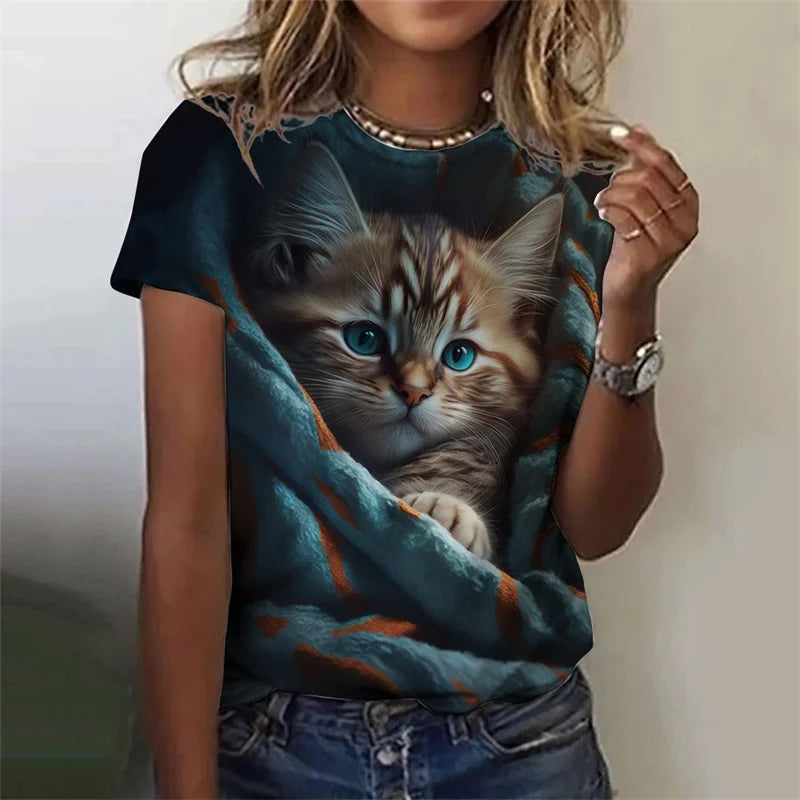 the CUDDLE CAT - 3D Printed Cute Funny Cat Graphic Oversized Short Sleeves Round Neck T-Shirts for Women