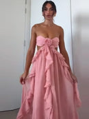 the PINK PRINCESS - Flounce Flower Pink Ladies Dinner Maxi Dress, Elegant Strapless Backless Pleat Sleeveless Sexy Spring New Chic Splicing Gown