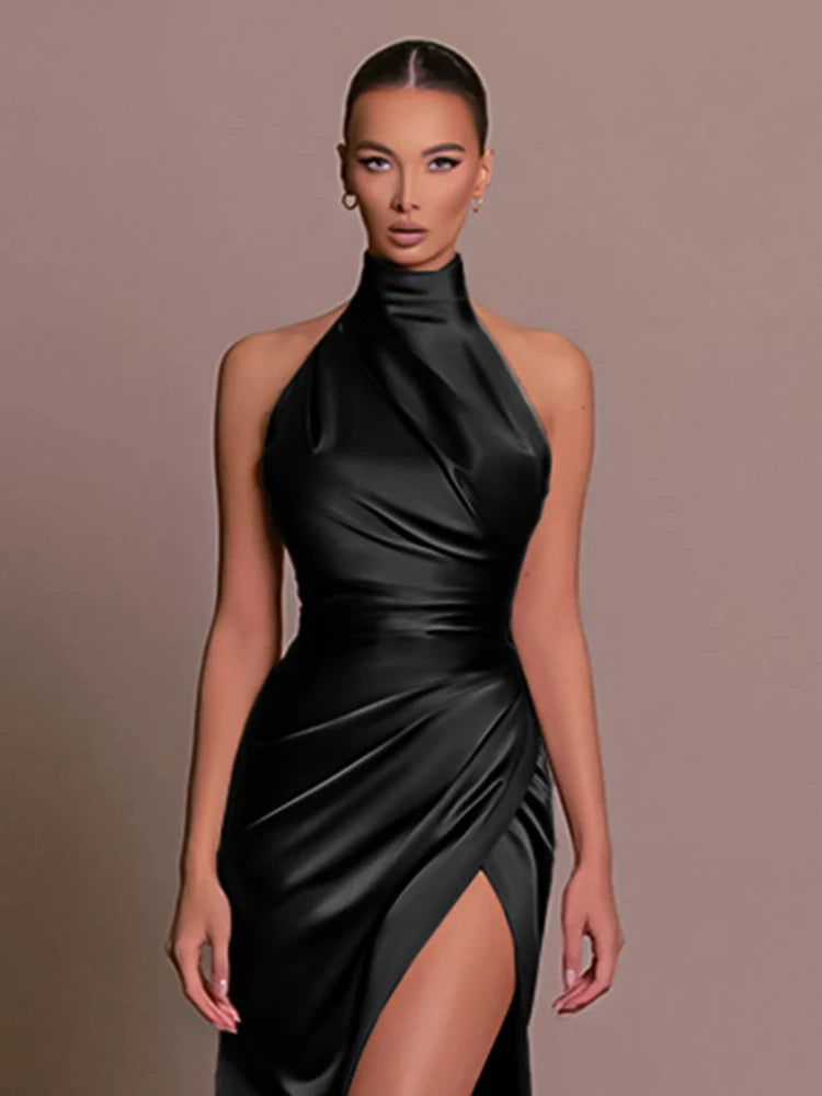 the NAOMI - Elegant Evening Party Dress Sexy Sleeveless Long Halter Backless High Split Bodycon Maxi Dress