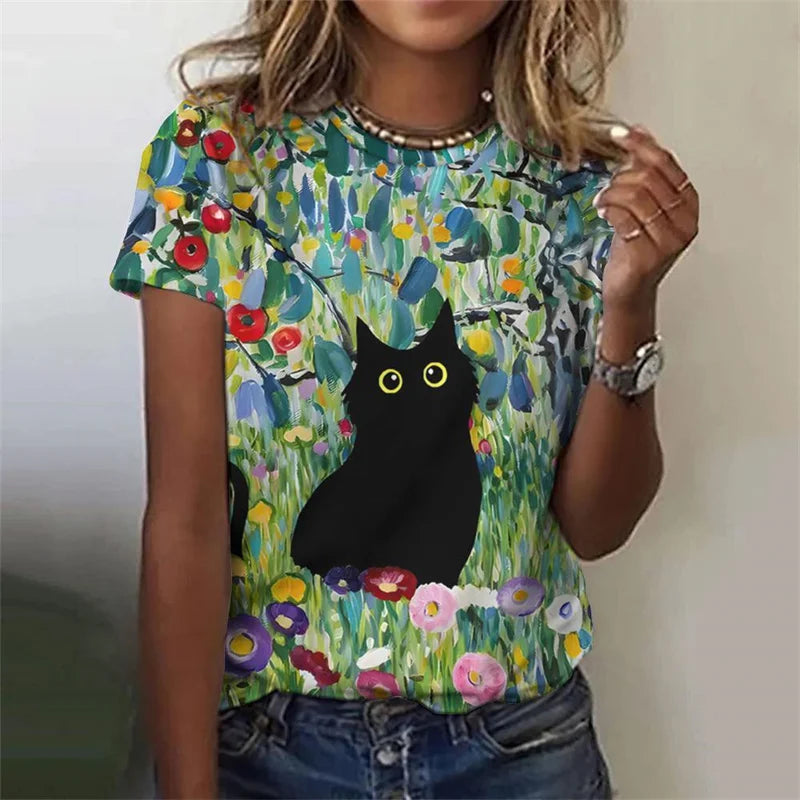 the PAINTED CAT - Flower Cat 3D Print Casual Fashion Short Sleeve O-Neck T-Shirts for Women