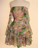 the ELEGANT ROSE - Chiffon Ruffle Dress for Women, Fashion Print Mini A-Line Holiday Party Dresses, Summer Sexy Backless Strapless Dress