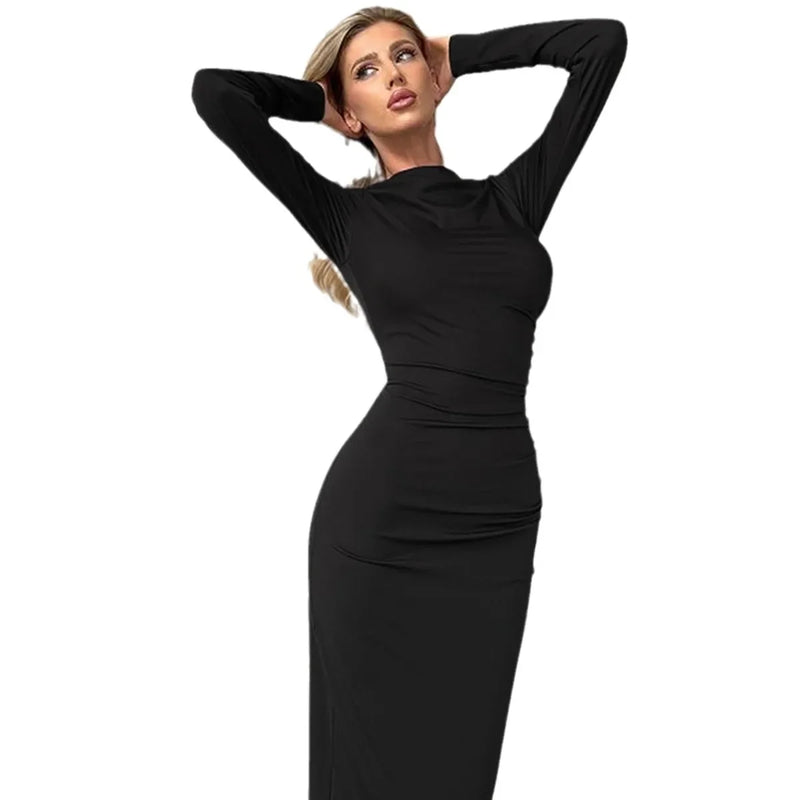 the BLAKE - Round Neck Long Sleeve Dress Sexy Curvy Slimming Smoothing Long Dress