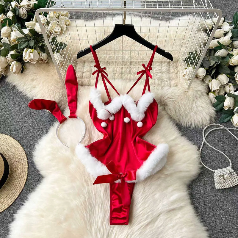 the SECRET SANTA - Christmas Red Top Sexy Patchwork Bodysuit Cosplay Erotic Lingerie Winter Strap Pajamas Nightwear