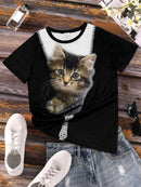 the TAG-ALONG CAT - Cute Cat Print Crew Neck Casual Short Sleeve T-Shirt for Women