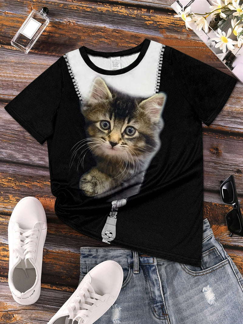 Cute Cat Print Crew Neck T-Shirt Casual Short Sleeve T-Shirt For Spring&Summer Women's Clothing Fashion Trend Pullover Tops