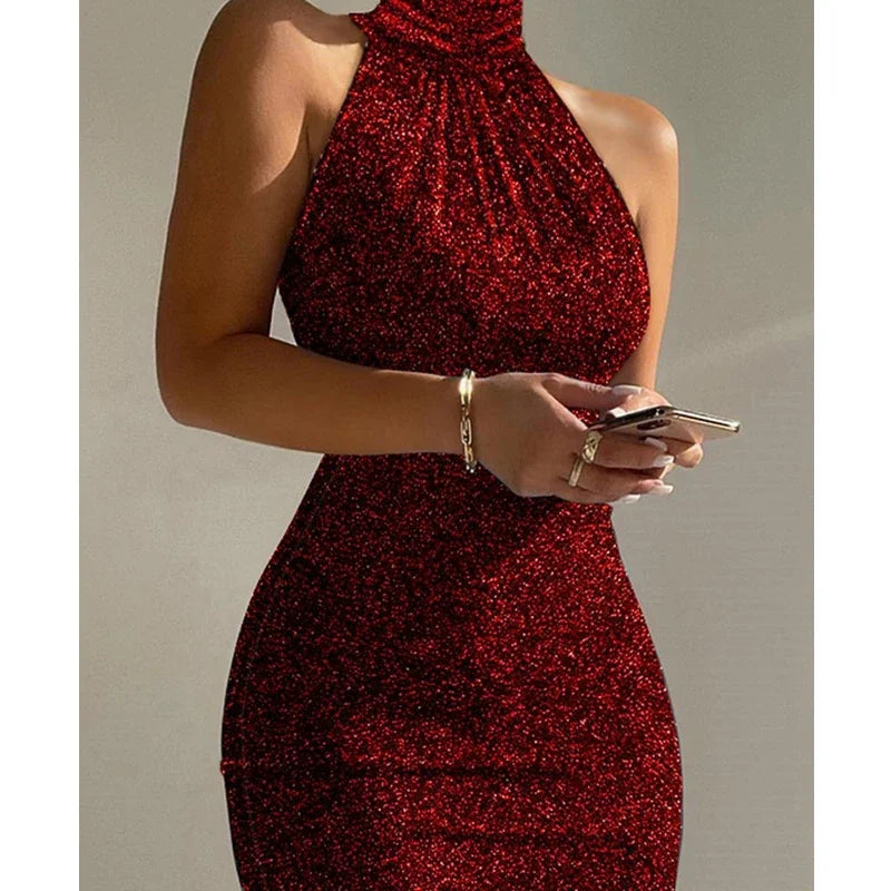 the MANDY - Formal Sexy Slim Fit High Waist Sleeveless Dress Fashion Solid Color Turtleneck Dress