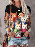 the CAT CLUB - 3D Cat Print Casual Loose Long Sleeve Round Neck Fashion Top for Women