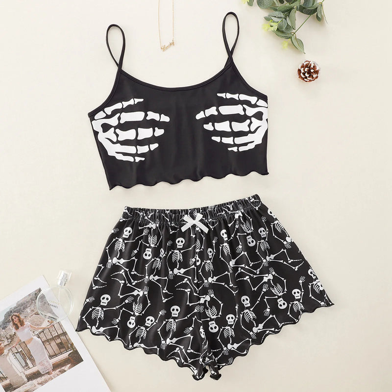 the BLACK XMAS - Gothic Skull Print Summer Pajamas Shorts Suits Women Halloween Sexy Sleepwear 2 Piece Set Lingerie Tops + Short Pant Sets