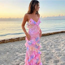 the PRETTY N PINK - Women's Clothing Sleeveless Wave-Edge Sling Dress V-Neck Sexy Ruffles High Waist Colorful Dress