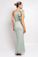 the CASCADE - Shoulder Floral Mesh Ruched Sexy Maxi Dress for Women, Gown Oblique Shoulder Sleeveless Backless Bodycon Long Dress