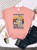 the KITTZY BISCUITS - Cats Cooking Cartoon Printing Short Sleeve Breathable T-Shirts for Women